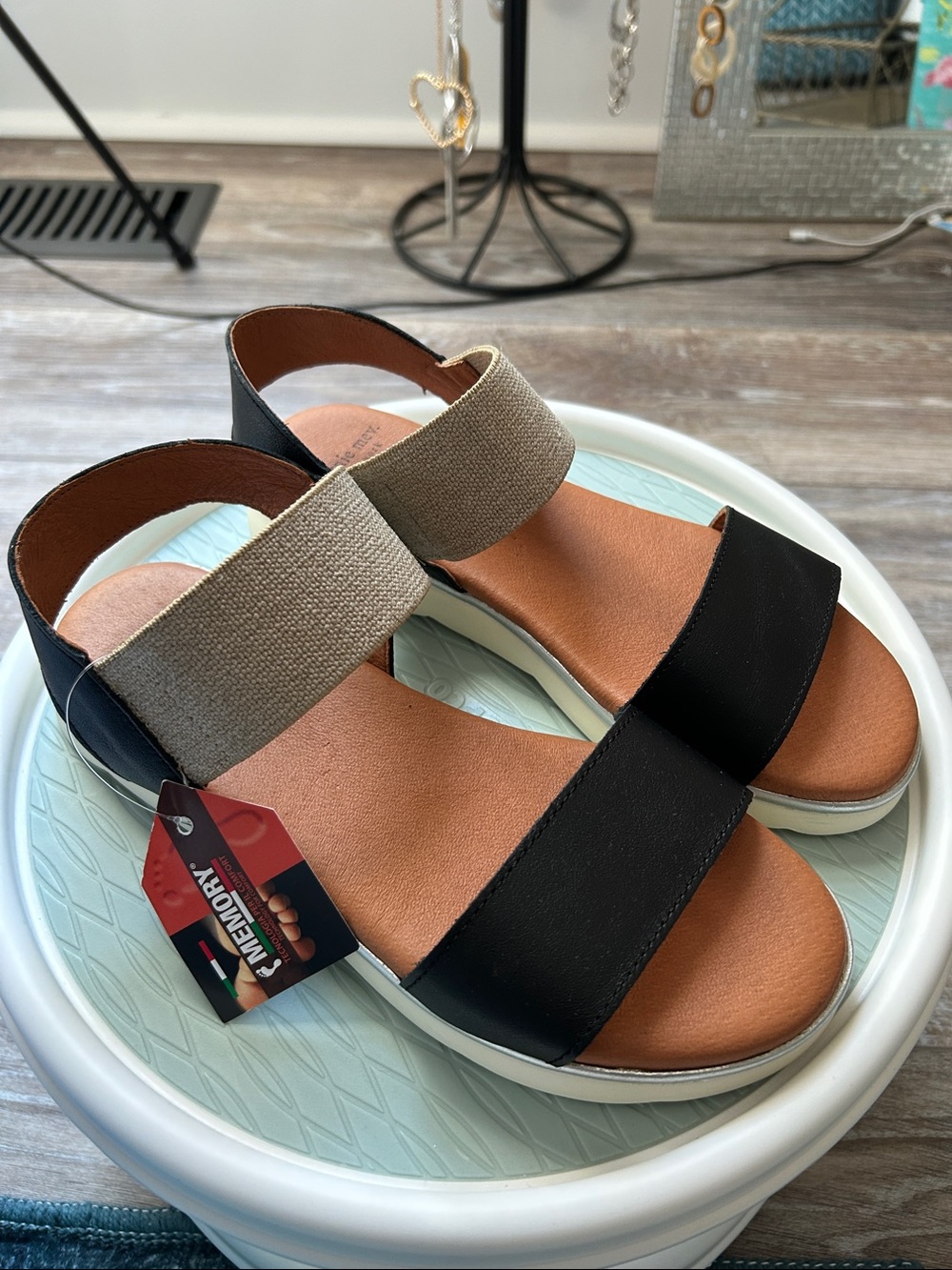 bernie mev. Black and Tan Elastic Strap Sandals